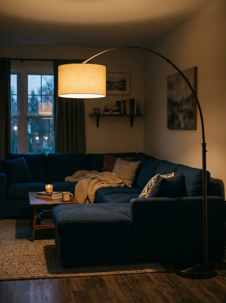 Arc floor lamp with drum shade projecting over a navy sectional as the primary evening light source, casting warm amber light at 160cm above the sofa