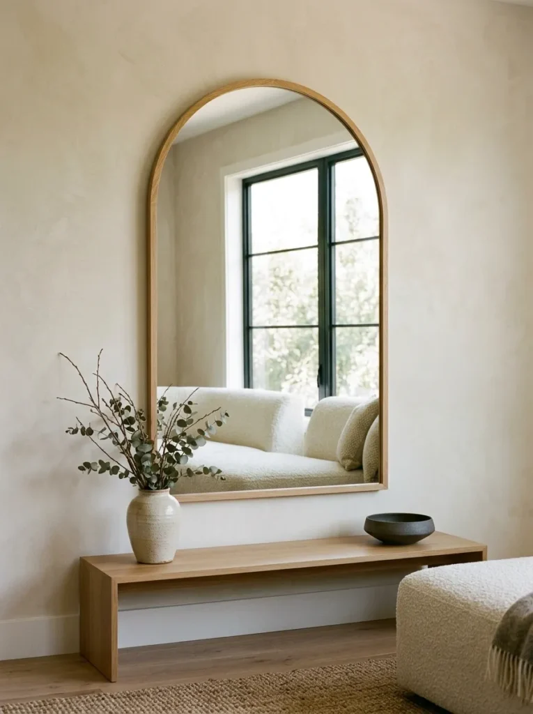 Large arch-shaped mirror in a slim natural wood frame on a limewash living room wall opposite a window, reflecting daylight and a sliver of sofa