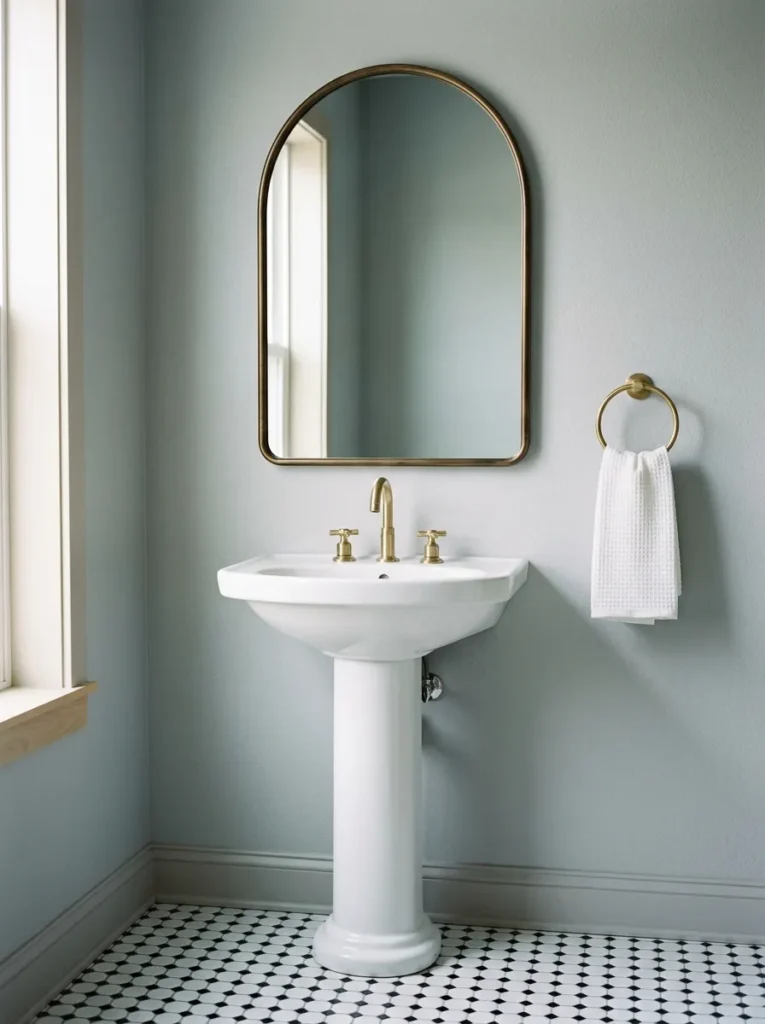 Aged bronze arched mirror centered above a white column pedestal sink with brass cross-handle faucet in a grey painted bathroom
