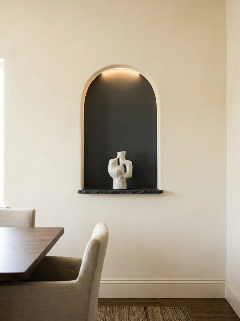 Shallow arched wall niche painted charcoal inside, lit from above, displaying a single ceramic sculpture against a cream dining room wall
