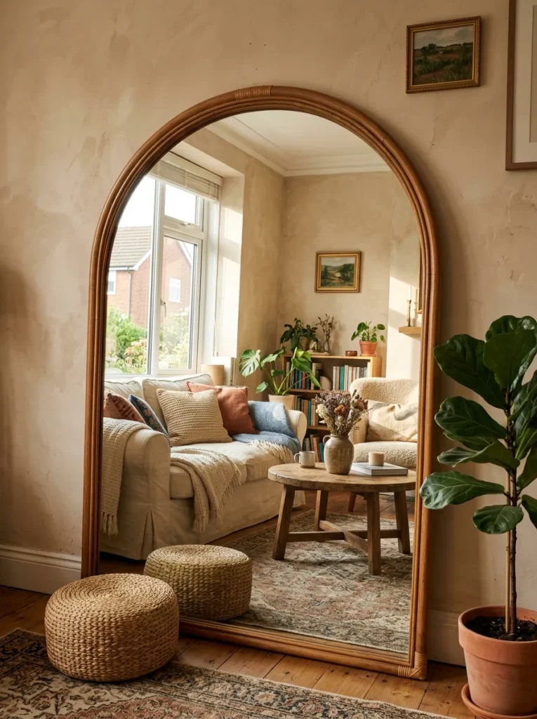 Large arched mirror in rattan frame leaning against a plaster wall, reflecting window light and layered seating area