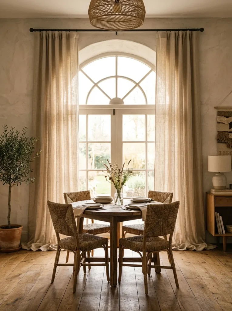 Arched window with unlined linen curtain panels pooling on the floor in a boho dining room flooded with morning light
