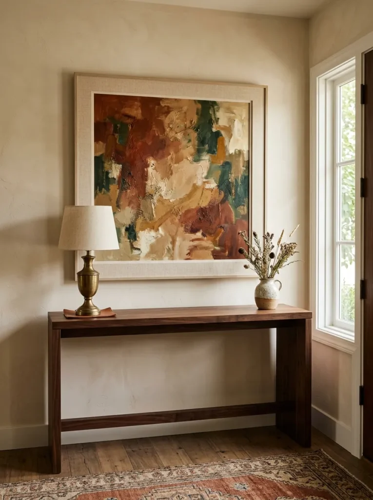 Large abstract painting in rust and earthy tones hung above a dark walnut console table in place of a mirror
