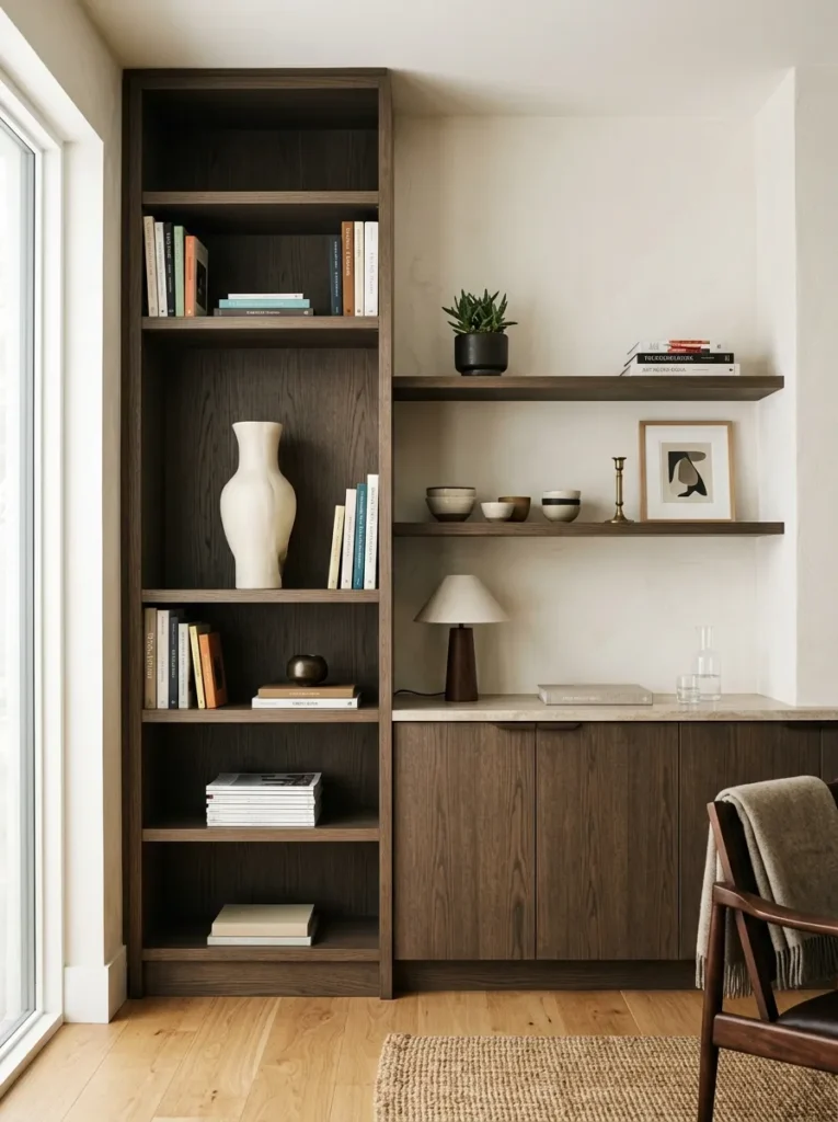 Asymmetrical built-in unit in smoked oak with a tall bookcase column on the left and lower cabinetry with shelves on the right in a contemporary living room

