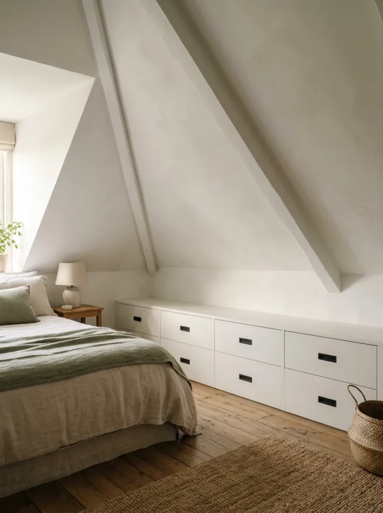 Attic bedroom with a run of five built-in flush-face drawers filling the zone where the ceiling slope approaches the floor, painted the same white as the surrounding wall and ceiling