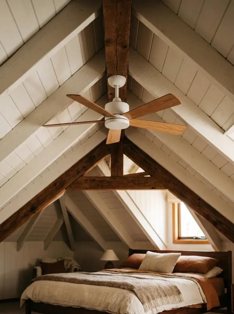 Ceiling fan with natural wood blades and matte white housing mounted directly at the ridgeline of an attic bedroom, with the timber ridgeline beam visible behind the mounting plate