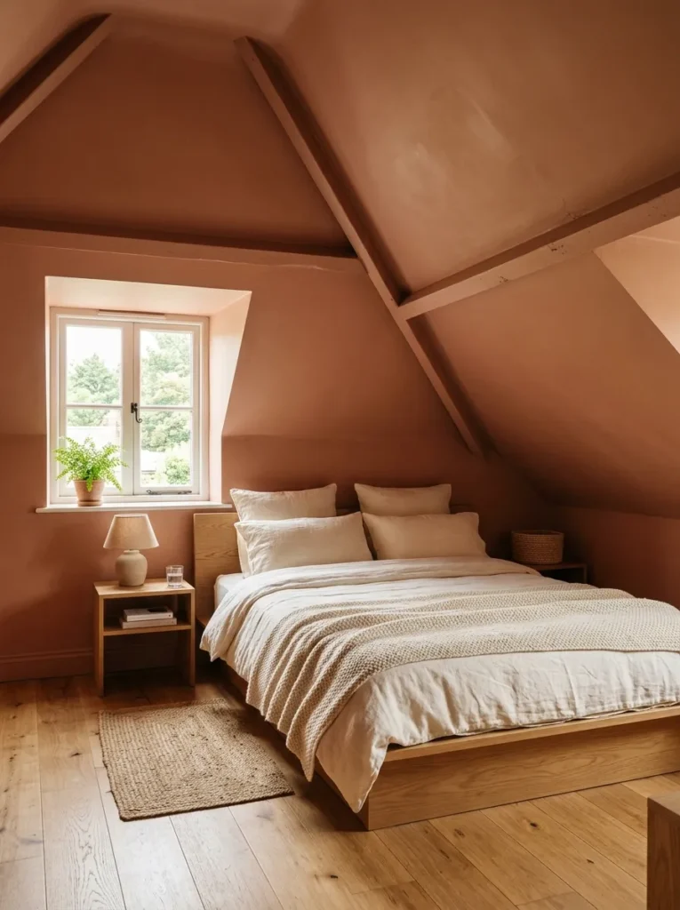 Attic bedroom with warm dusty terracotta applied to both walls and sloped ceiling in a single cohesive color, with ivory bedding on a low oak bed and a white-framed dormer window providing contrast