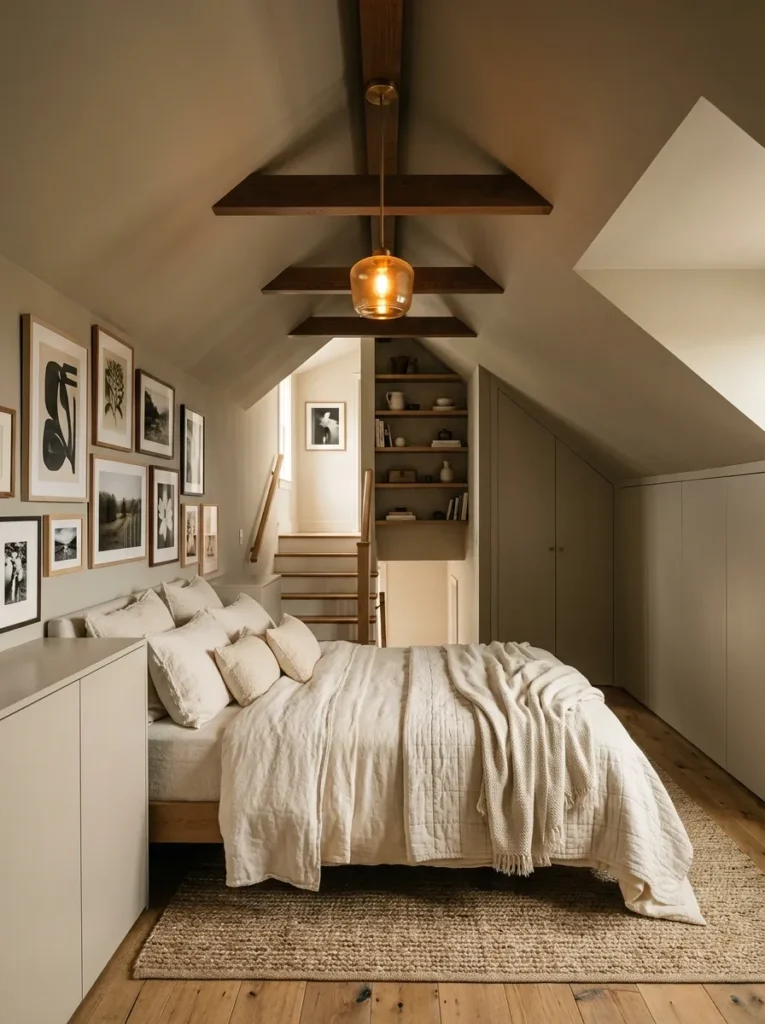 Full attic bedroom retreat view with the bed under the ridgeline, seamless knee wall storage, a knee wall gallery, a pendant light, and warm greige sloped ceiling enveloping the entire space