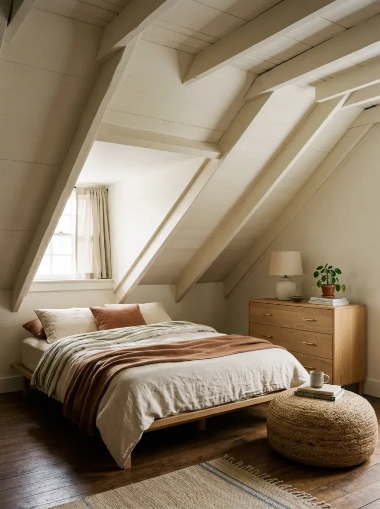 Attic bedroom with visibly low-profile furniture — a headboard-free platform bed and a low 36-inch dresser — showing generous clearance between all furniture tops and the descending ceiling slope