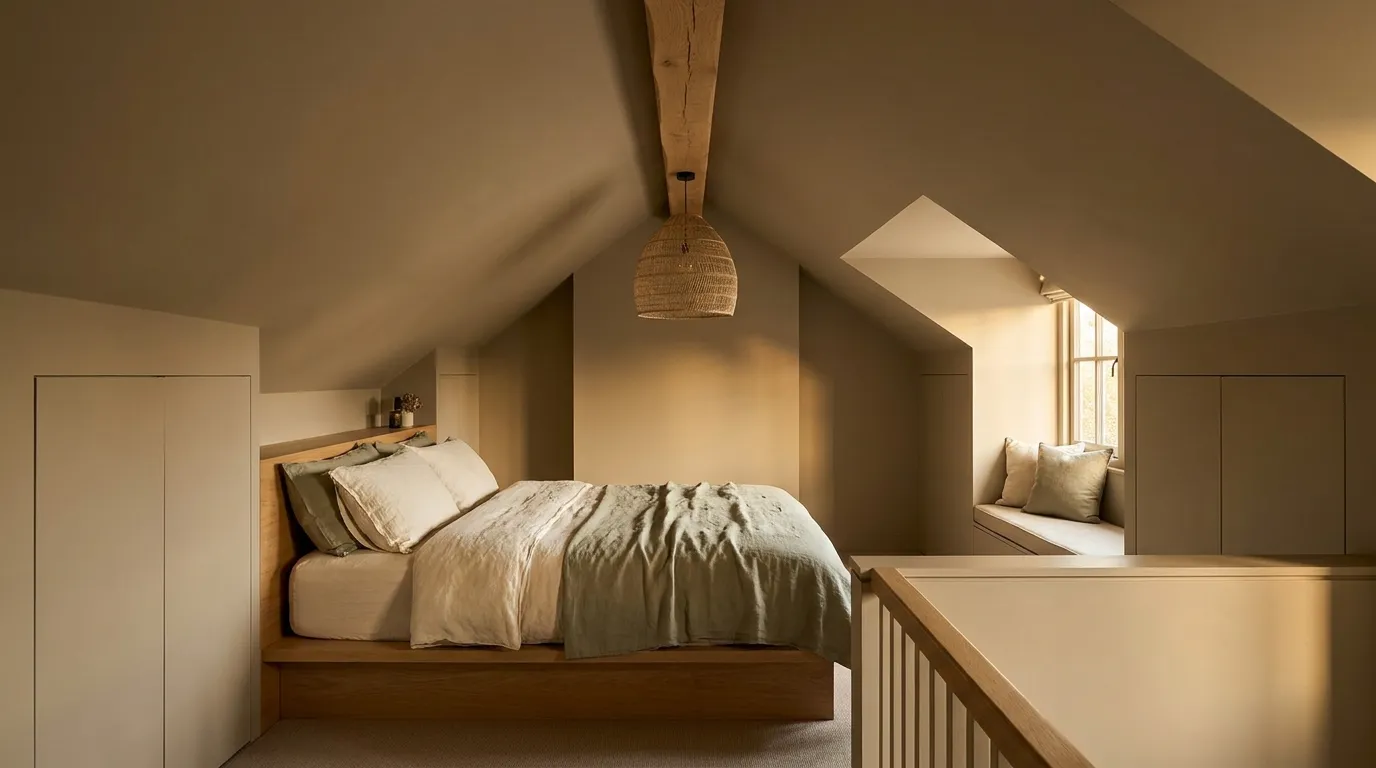 Attic bedroom with a low oak platform bed positioned under the ridgeline, flush knee wall storage doors on both sides, a dormer reading nook, and a woven pendant light from the ceiling peak
