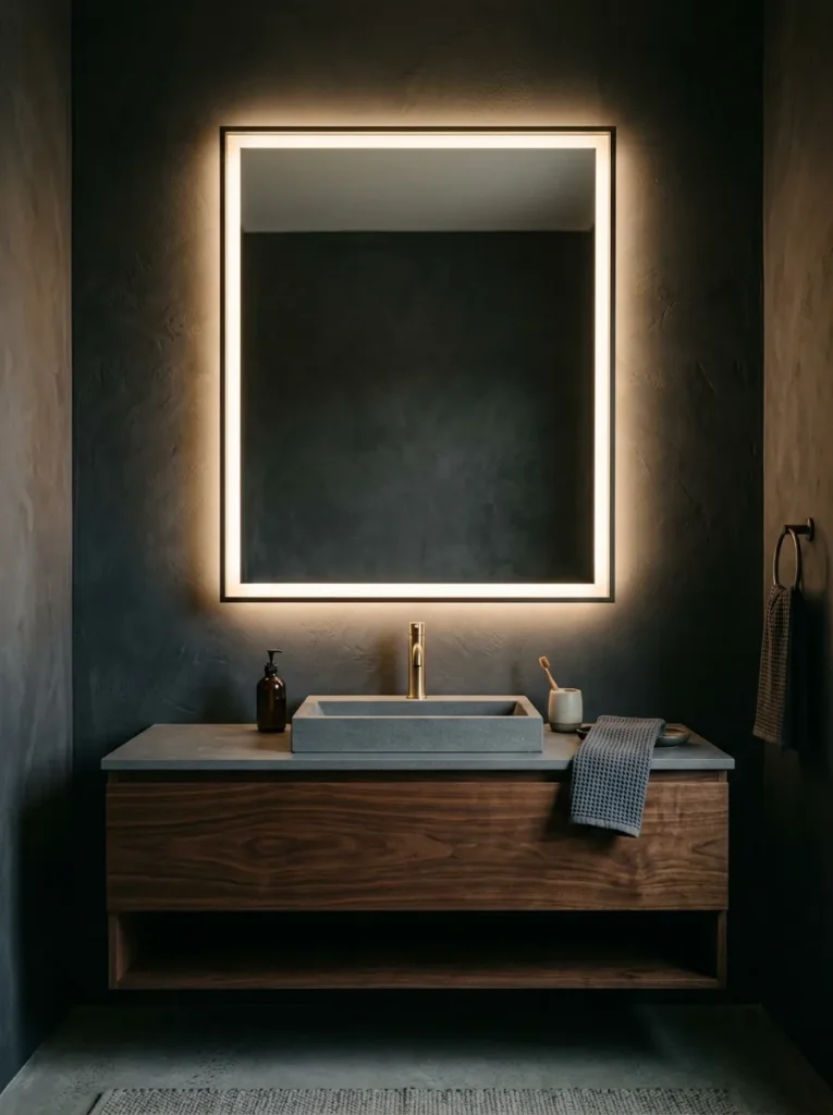 Rectangular backlit LED mirror with perimeter glow mounted on a dark charcoal plaster wall above a walnut floating vanity

