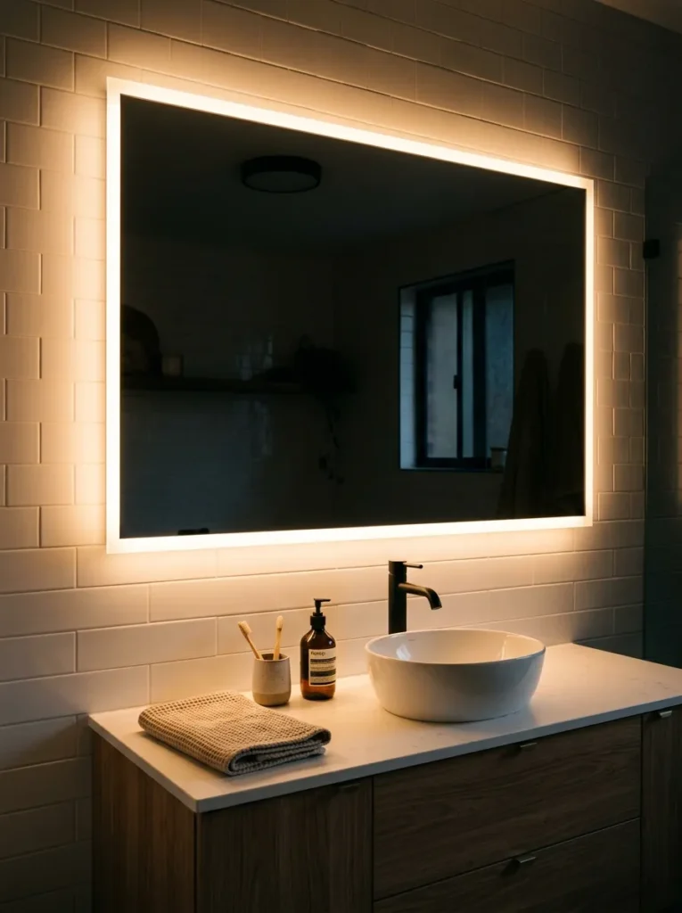 Rectangular backlit LED mirror providing warm face-level illumination above an apartment bathroom basin at evening, ceiling light off