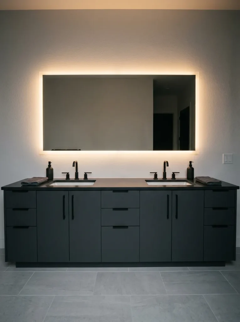 Large rectangular backlit LED vanity mirror glowing warm above a modern double sink vanity