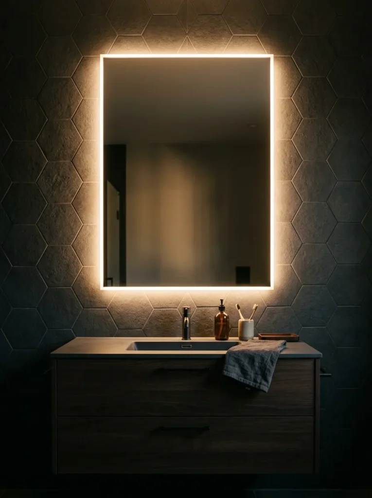 Large rectangular backlit mirror glowing with warm LED perimeter light above a dark bathroom vanity, the sole light source in an evening room