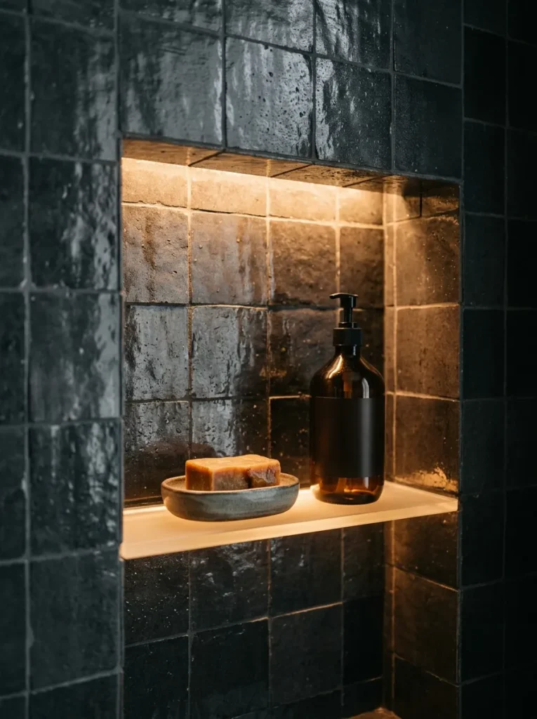 Recessed shower niche with LED back-lighting glowing softly behind a frosted glass shelf