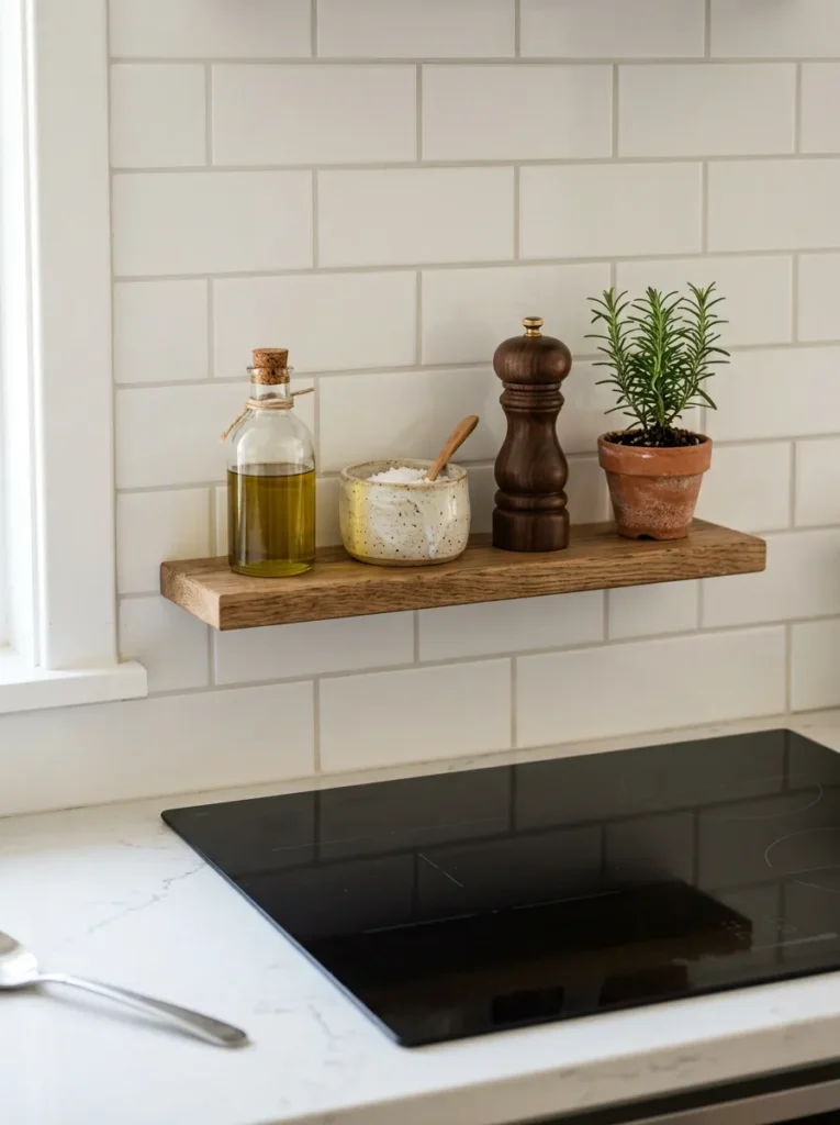 Narrow oak ledge shelf on a subway tile backsplash holding olive oil, salt, pepper, and a small rosemary plant
