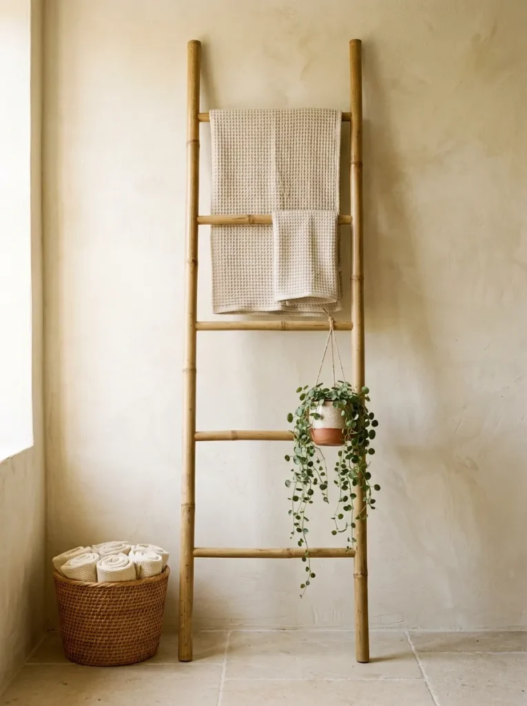 Freestanding bamboo ladder leaning against cream limewash wall, folded waffle linen towels on upper rungs, rattan basket at base