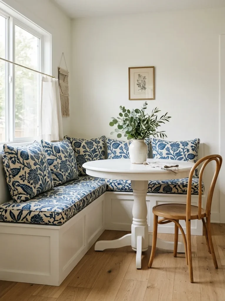 White built-in banquette with large-scale botanical indigo block-print cushions and a round white table