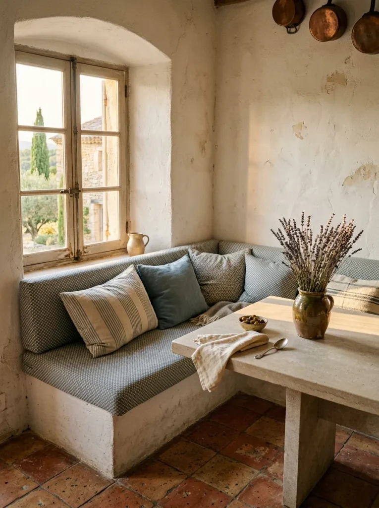 Banquette with geometric dusty blue and cream linen upholstery beside a honed stone table in a Provençal farmhouse breakfast corner.