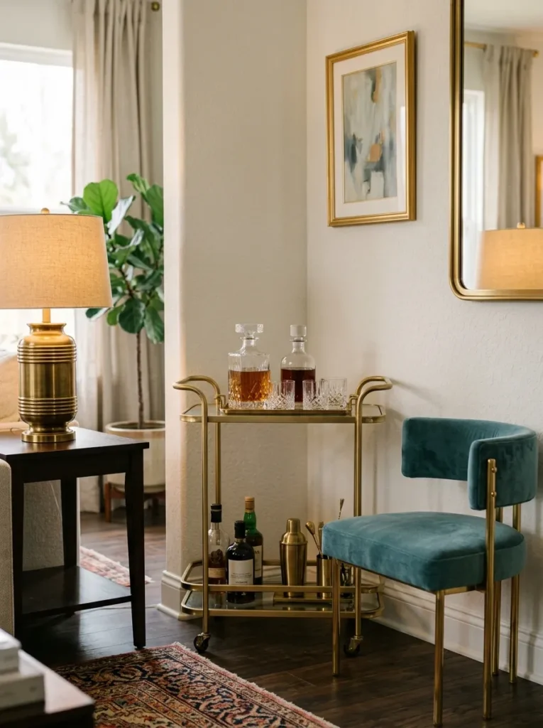 Gold brass bar cart in a living room corner coordinating with a brass table lamp base and brass chair hardware visible in the same frame, showing cohesive metal finish across the room