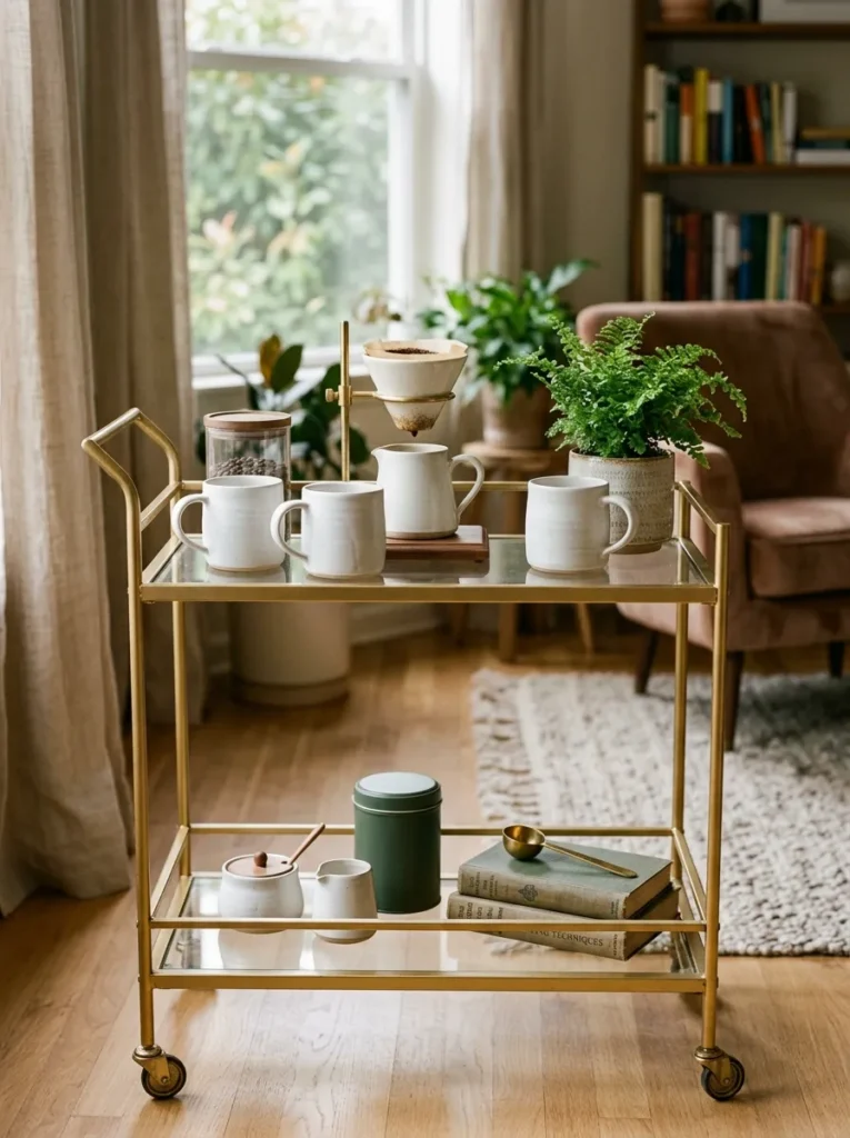 Gold bar cart styled as a coffee station with two white ceramic mugs, a pour-over dripper, a coffee jar, matching sugar and creamer vessels, and a small fern in a ceramic pot
