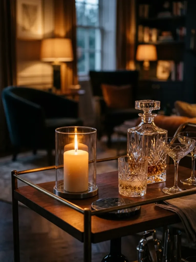 A lit cream pillar candle in a clear glass hurricane holder on a bar cart top tier at evening, its warm flame reflecting in the crystal glassware and casting amber light at counter height
