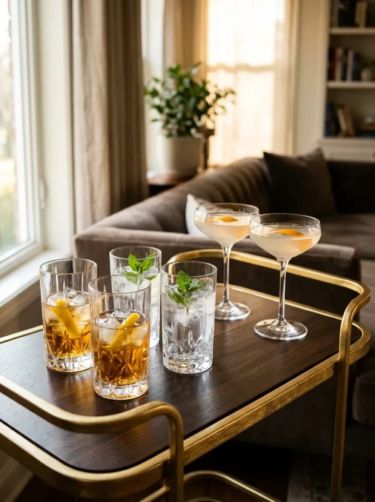Gold bar cart top tier with four matching crystal highball glasses in a 2x2 arrangement and two matching coupe glasses beside them, showing the cohesion of uniform matching glassware sets