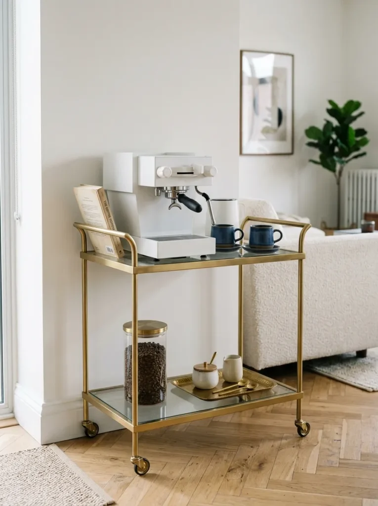  Brass two-tier bar cart repurposed as a mobile coffee station in an open-concept living room