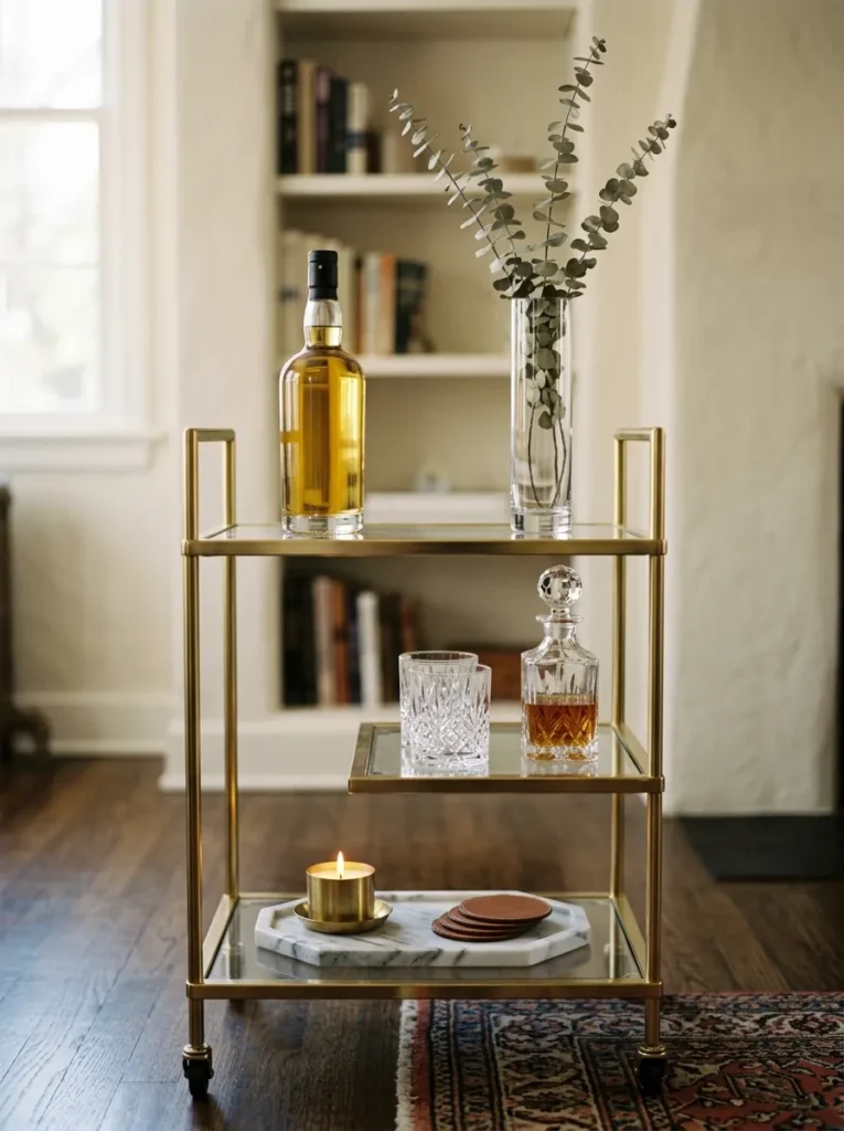 Gold bar cart arrangement showing three clearly distinct height levels — a flat tray and low candle at the front, crystal glasses and a small decanter at mid height, and a spirit bottle and tall eucalyptus stem at the back