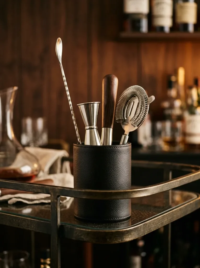 Bar tool set standing upright in a matte black leather cylinder holder on a dark metal bar cart top tier, with bar spoon, jigger, muddler, and strainer visible as a sculptural vertical element