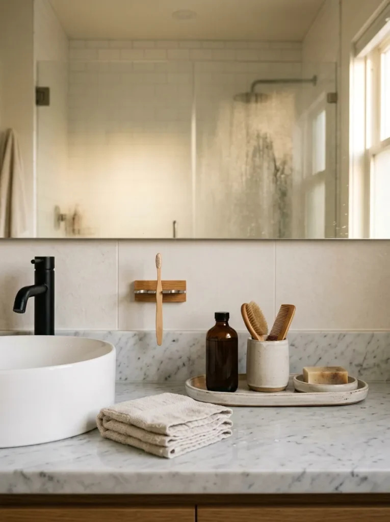 Bathroom counter fully reset after the morning routine with the tray holding items in their correct positions, the toothbrush in the wall holder, and clear counter surface visible
