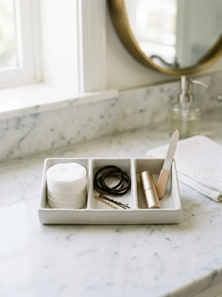 White ceramic divided organizer on a bathroom counter with cotton rounds in the left section, hair ties and bobby pins in the center, and lip balm and nail file in the right
