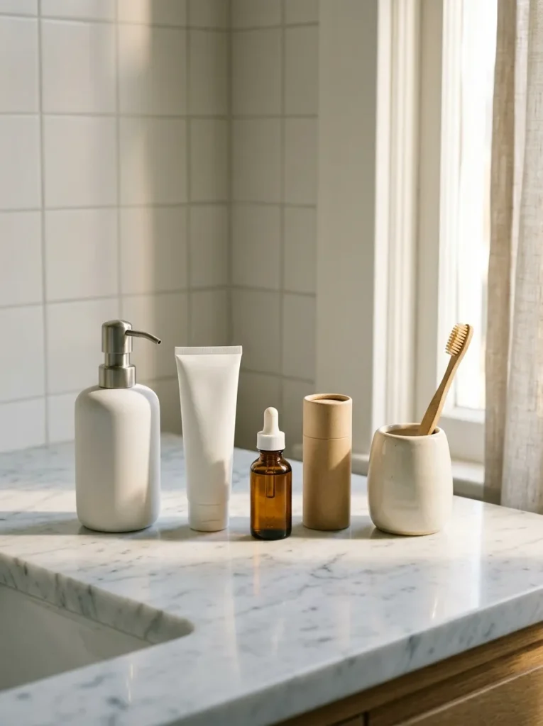 Bathroom counter with only five daily-use items — face wash, moisturizer, serum, deodorant, and a toothbrush holder — surrounded by clear empty marble counter space
