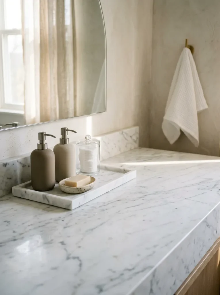 Bathroom counter with a marble tray and four organized items in the center-left, surrounded by significant clear empty marble counter space on all sides
