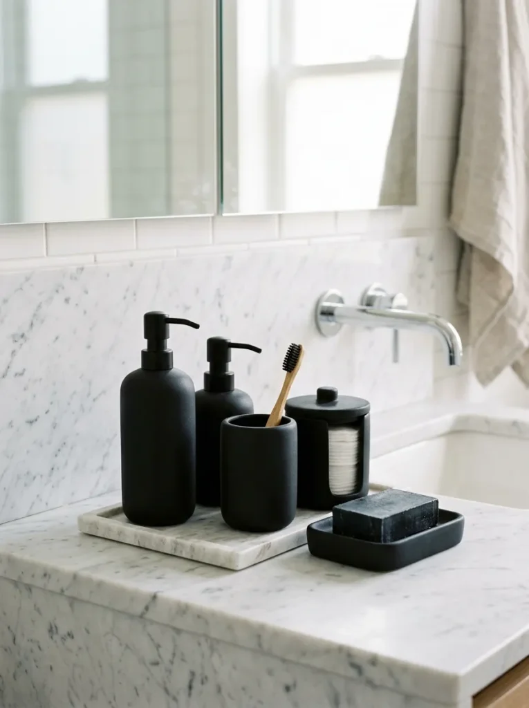 Bathroom counter with all visible functional items — soap pump, lotion pump, toothbrush holder, soap dish, and cotton round container — in matching matte black ceramic on a marble tray, reading as decor
