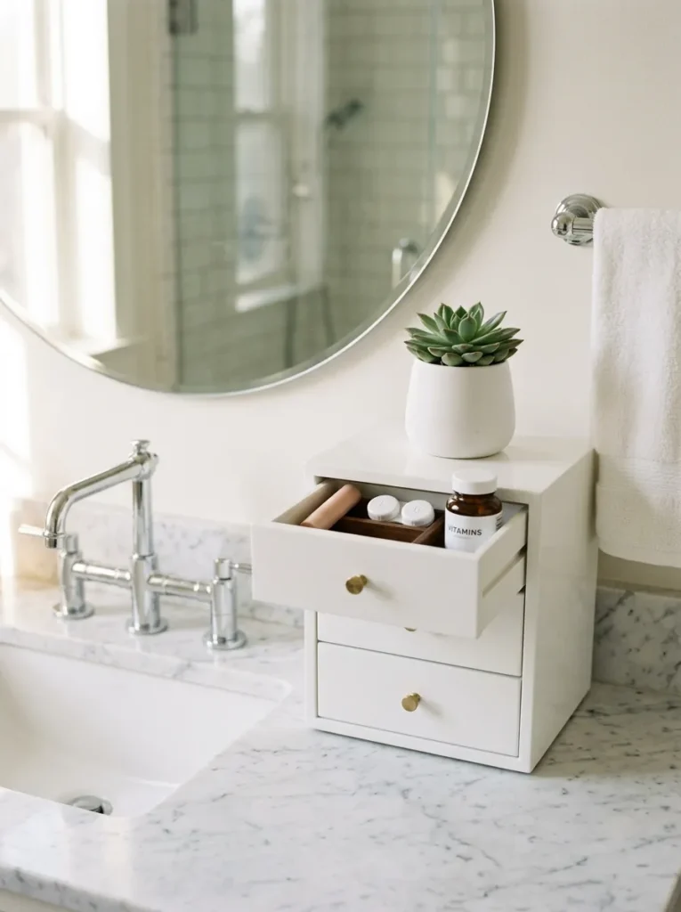 Small three-drawer white lacquered mini drawer unit beside the bathroom sink, with the top drawer slightly open showing organized daily items and a small succulent on top
