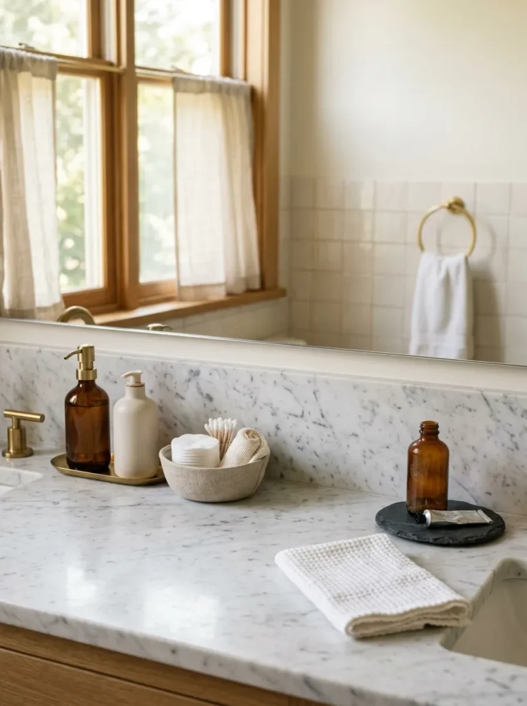 Bathroom counter with items temporarily removed and sorted into category groups for a monthly reset, with one small group of expired products set aside and a clean cloth ready for wiping the surface
