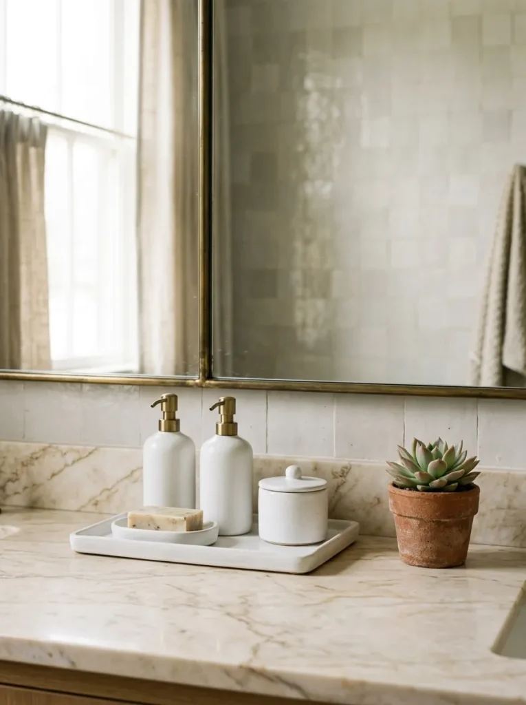 Bathroom counter with a white ceramic tray as the functional zone on the left and a single small succulent in a terracotta pot as the only decor element on the right