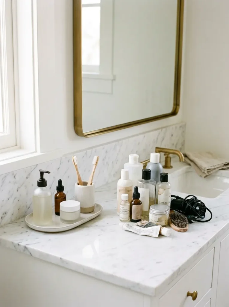 Bathroom counter cleared with contents sorted into two groups — items being kept on the left and items being removed on the right — with the wiped empty counter visible behind them
