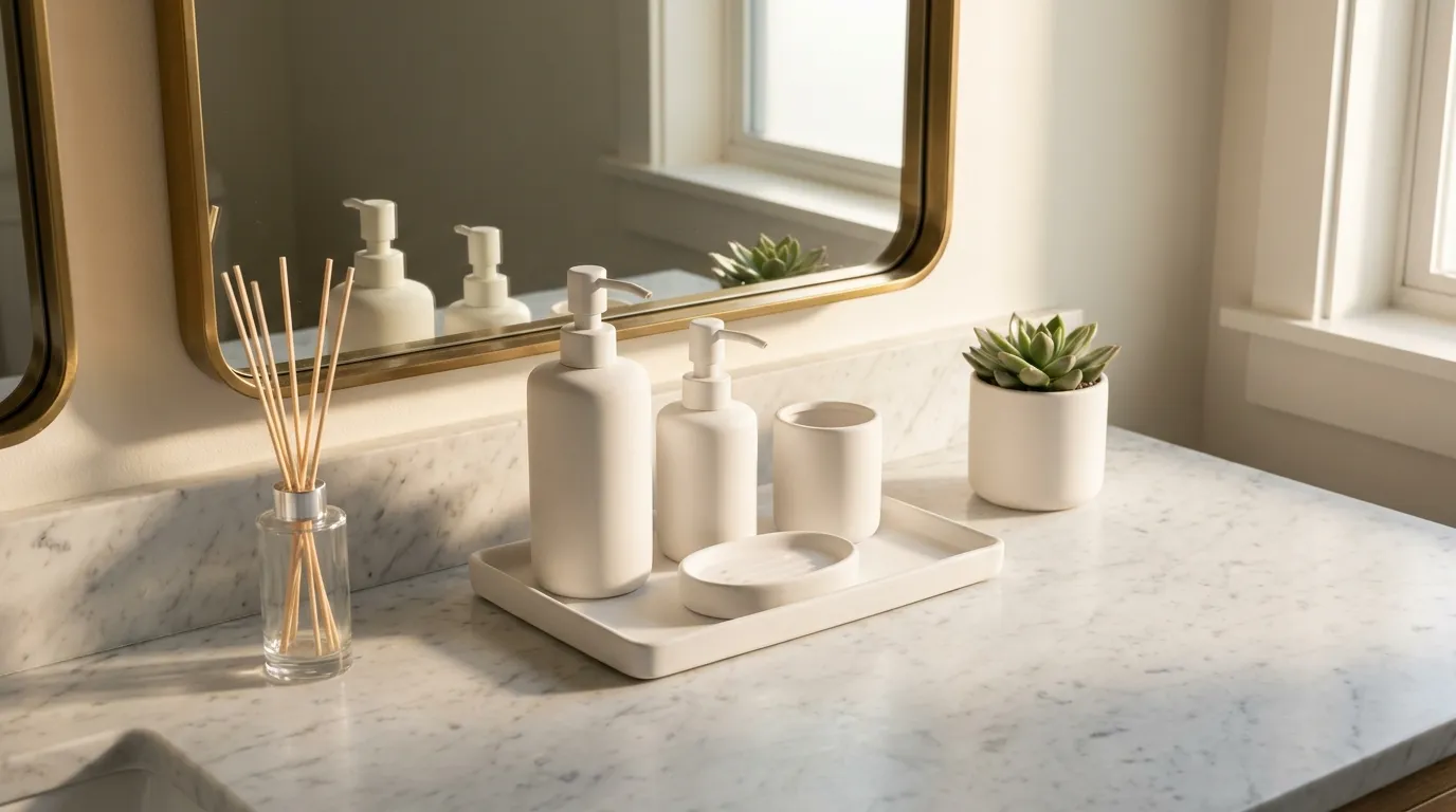 Organized bathroom counter with a white ceramic tray holding matching pump dispensers and a cotton round holder, a small succulent, and a reed diffuser, with clear marble counter space visible around the tray