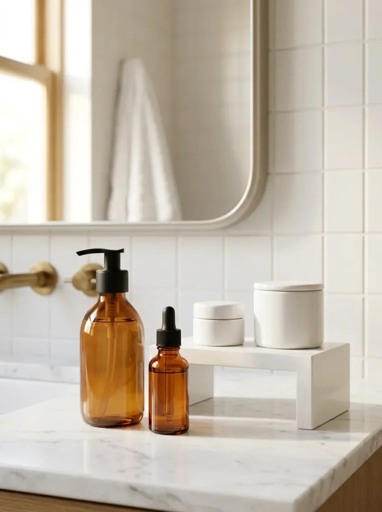 Bathroom counter with a small white lacquered riser creating two levels — tall dispensers and a serum bottle at counter level and shorter items elevated at the back
