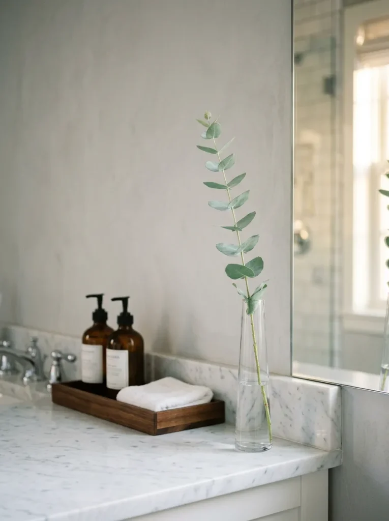 A single eucalyptus stem in a slim clear glass bud vase at the corner of a bathroom counter near the mirror, serving as the one anchor decor element beside the organized tray in soft focus
