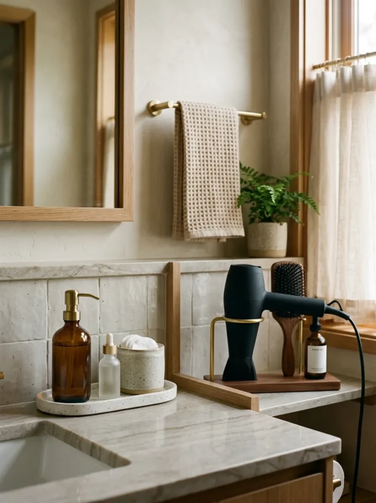 Bathroom counter with skincare items in a white ceramic tray on the left and haircare tools in their own organized section on the right, showing two distinct routine zones
