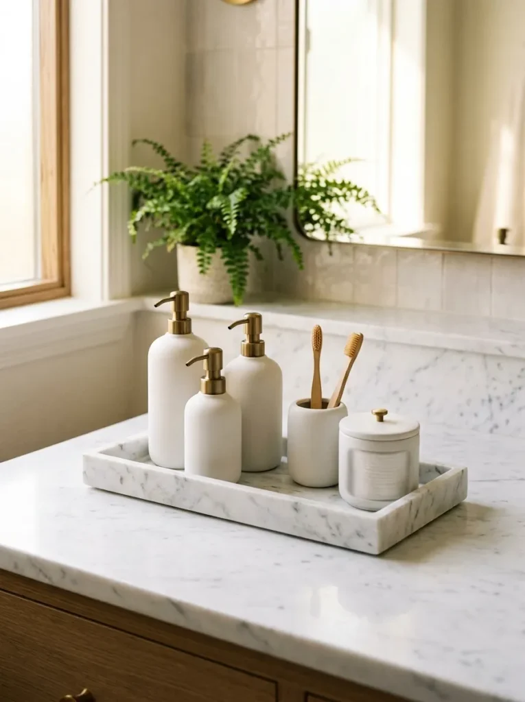 Bathroom counter with a marble tray holding matching pump dispensers, a toothbrush holder, and a cotton round container, with clear counter surface visible around all sides of the tray
