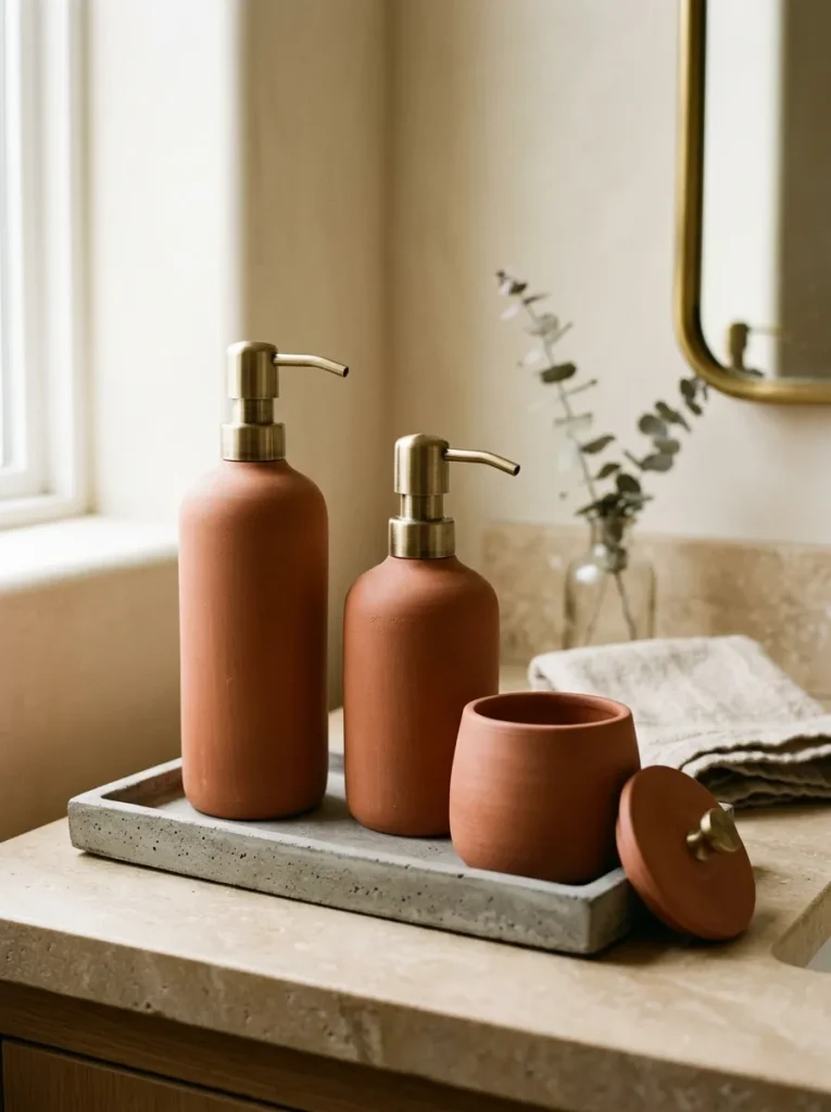Three matching matte terracotta ceramic pump dispensers — tall, medium, and a wide lid pot — in brushed brass hardware on a concrete tray as a unified bathroom counter set

