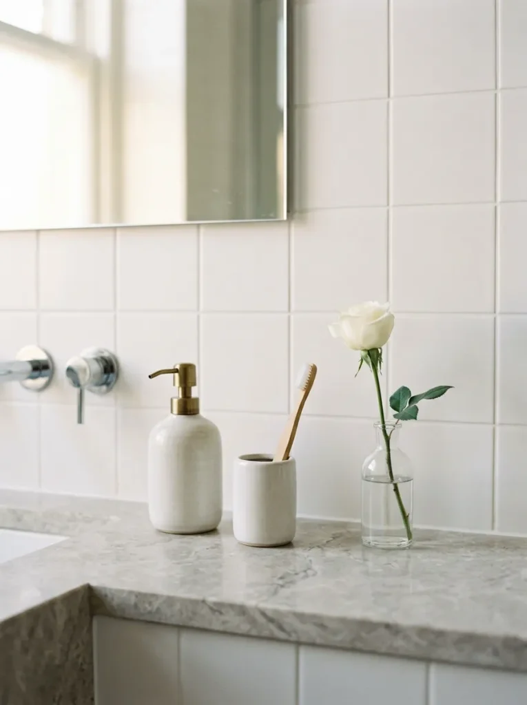 Apartment bathroom countertop with only three objects — ceramic dispenser, toothbrush holder, and bud vase — all other surfaces clear in morning light