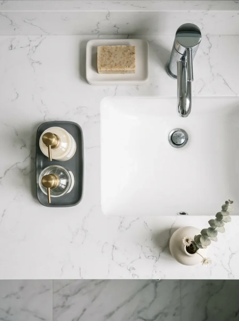 Overhead view of a bathroom countertop showing deliberately positioned objects: a tray with dispensers, a soap dish, and a small bud vase with clear space around each