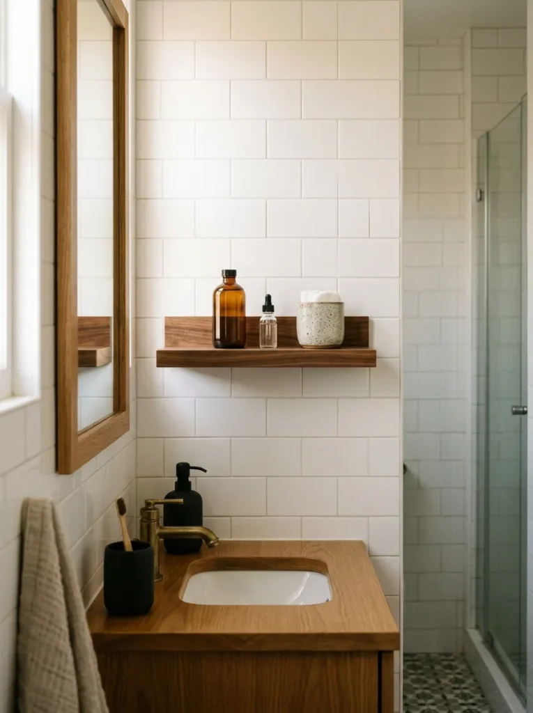 A small warm wood floating shelf mounted 28 inches above a narrow bathroom counter, holding a face wash, serum, and ceramic container, with the counter below left clear
