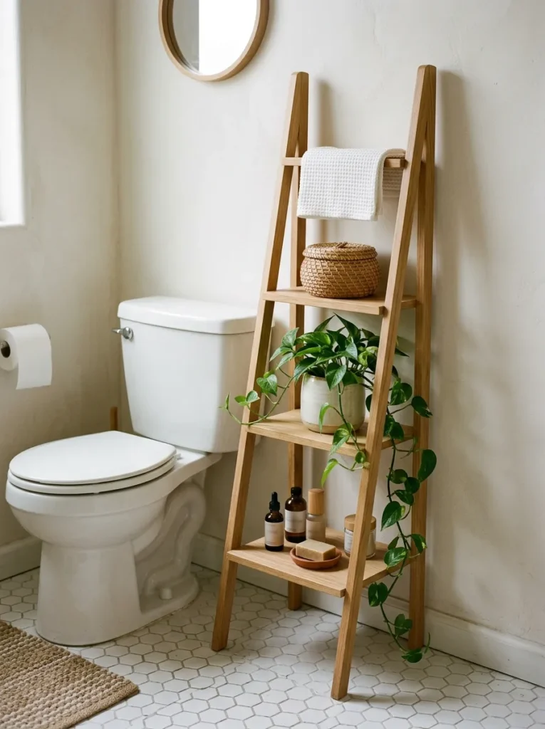 Slim natural oak ladder shelf in a bathroom corner with four tiers holding folded towels, a rattan basket, ceramic vessel, and a trailing plant