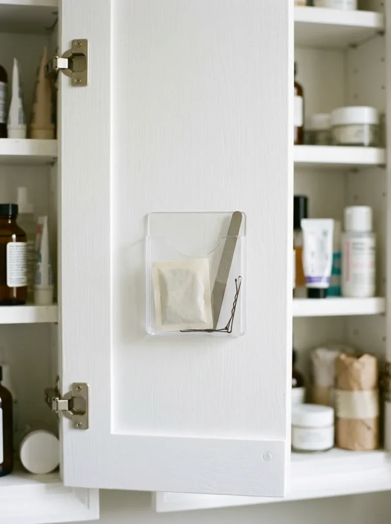 Inside of a bathroom medicine cabinet door with a small clear acrylic adhesive-mounted pocket holding a nail file, a folded packet, and a bobby pin within the door clearance
